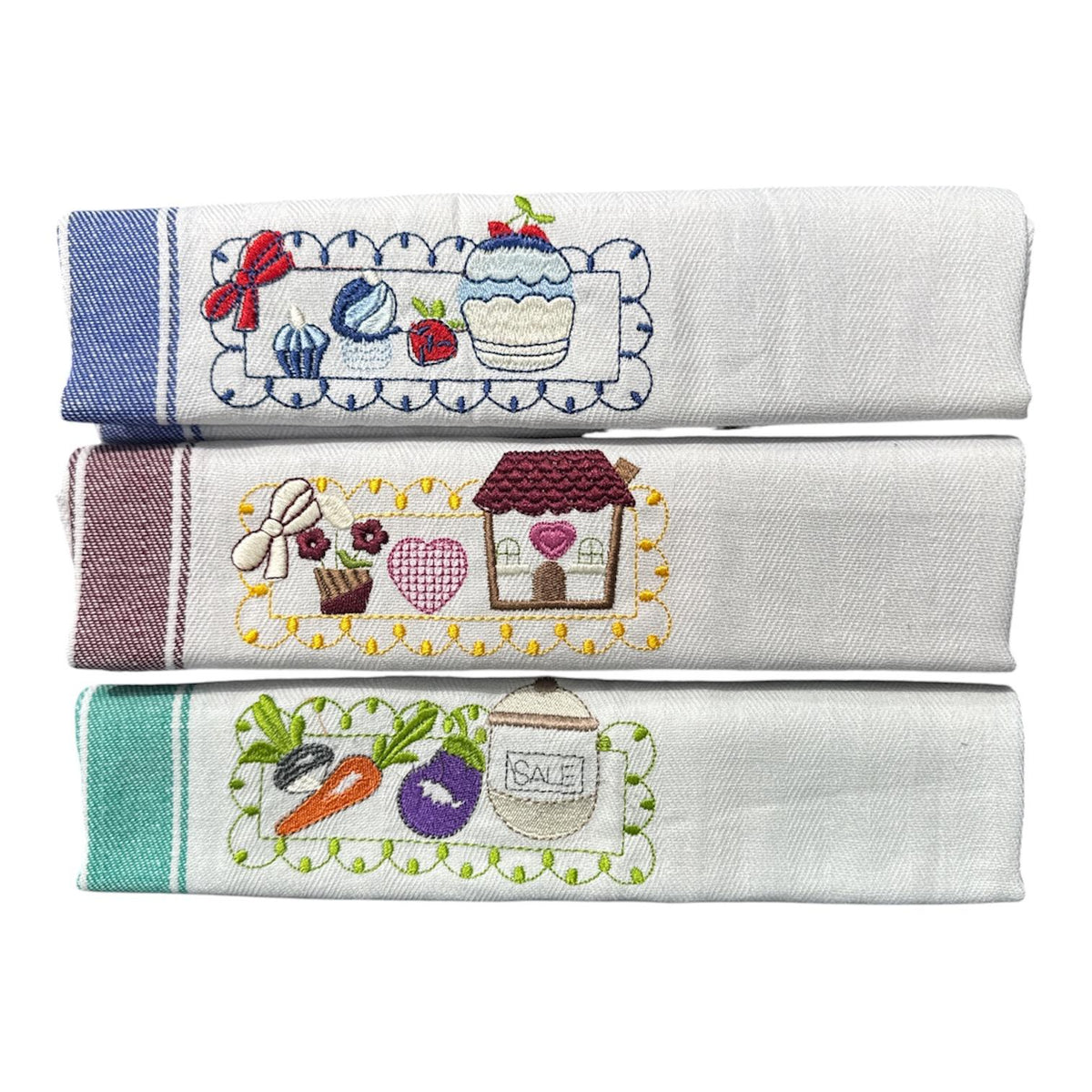Set 3 strofinacci Melangio ricamati con soggetti di dolci, casetta e ortaggi su cotone spigato