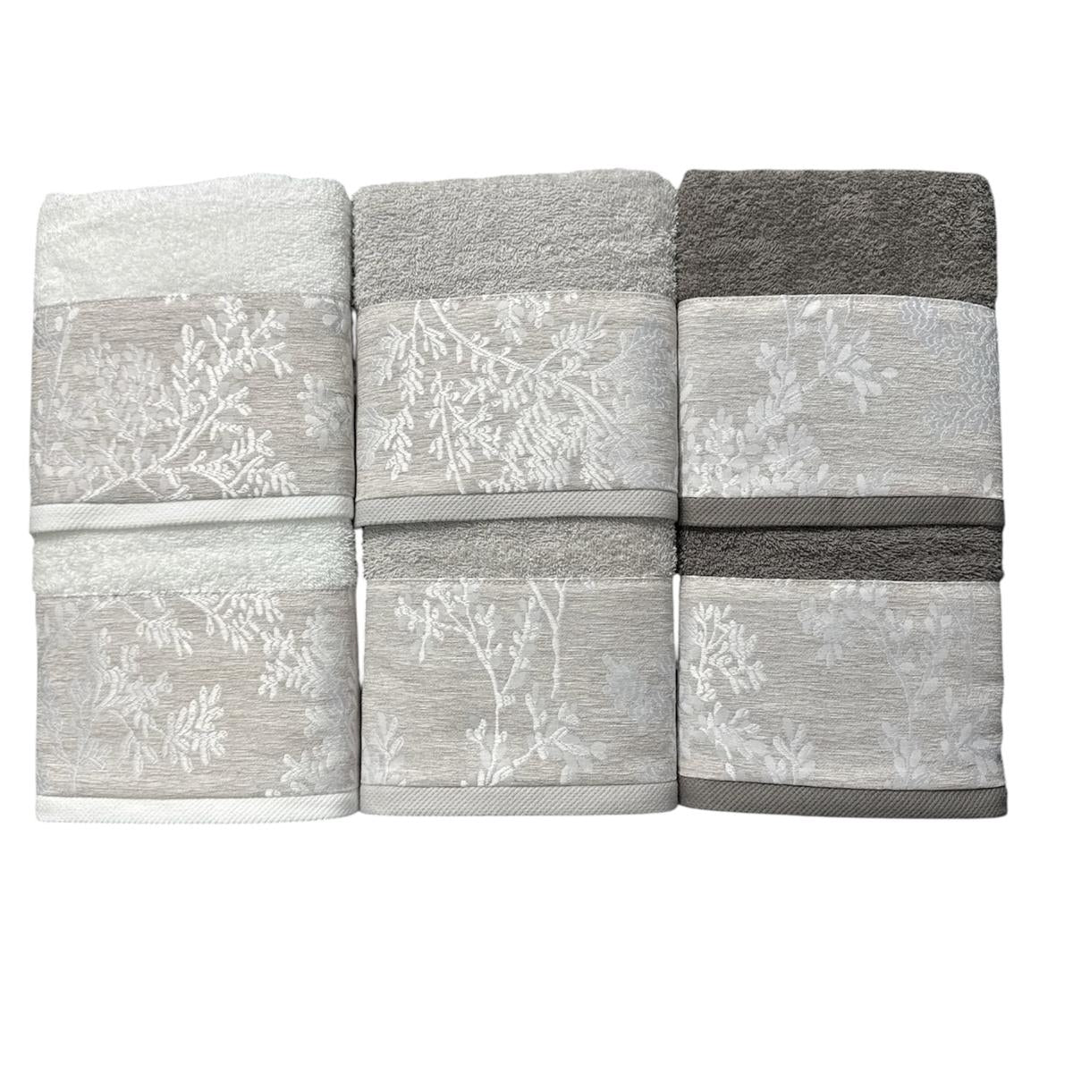 Set asciugamani Emma Morè 3+3 in spugna bianca, grigia e cenere con elegante fascia jacquard floreale