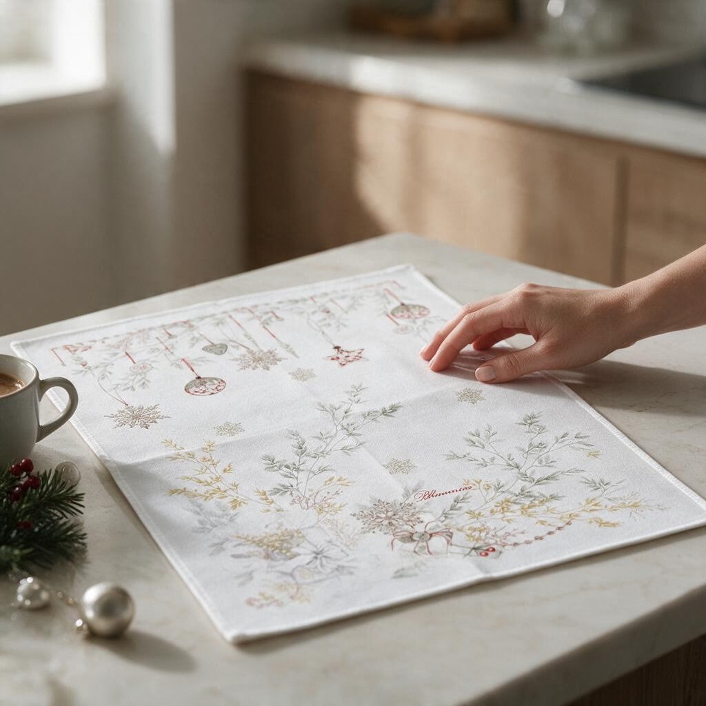 Strofinaccio natalizio Bianco Natale Blumarine 50x70 cm ambientato su un piano cucina con fantasia floreale e palline di Natale