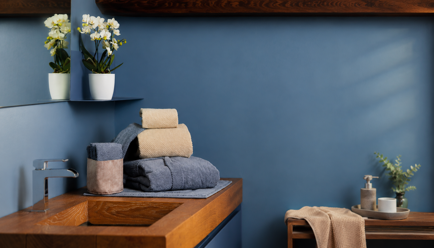 Bagno moderno con asciugamani blu e beige su lavabo in legno