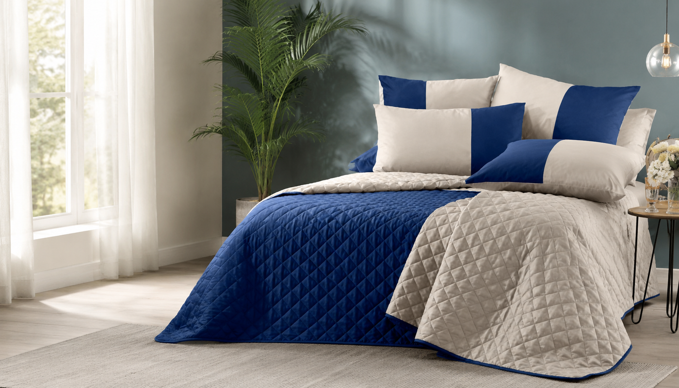 Camera da letto moderna con copriletto trapuntato blu e beige
