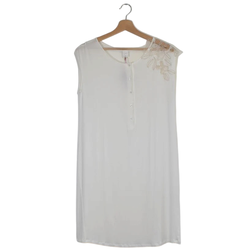 Camicia da notte donna Catilina TN1781 Tatà by Pepita bianca, senza maniche, con bottoncini e ricamo floreale