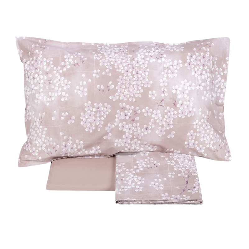 Completo letto copriletto Kimono Fazzini in percalle di puro cotone con delicata fantasia di fiori bianchi su fondo rosa