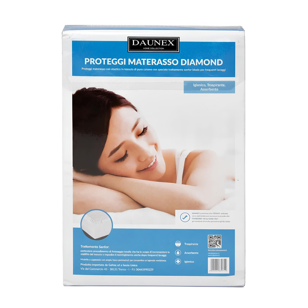 Confezione originale coprimaterasso Daunex Diamond in cotone con trattamento Sanfor