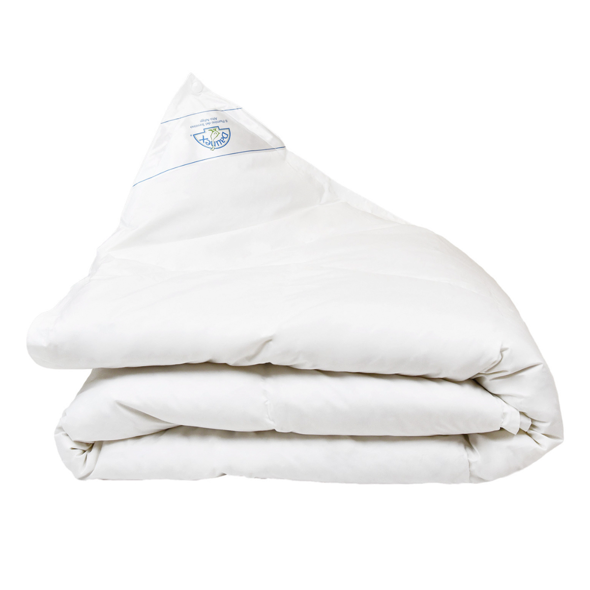 Dettaglio del piumino d'oca Daunex Tirolo Duo con rivestimento bianco in cotone e logo