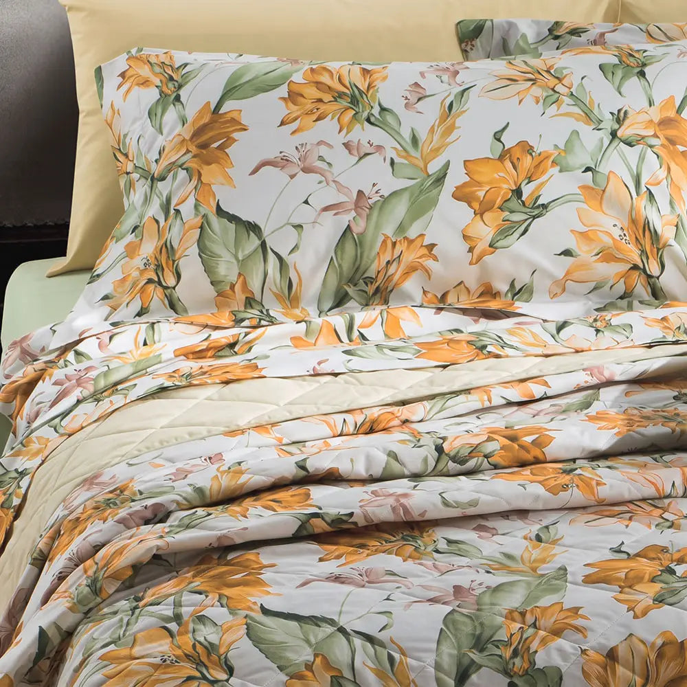 Completo letto matrimoniale Bella Gabel 1957 in caldo cotone felpato con grandi fiori gialli e federe coordinate