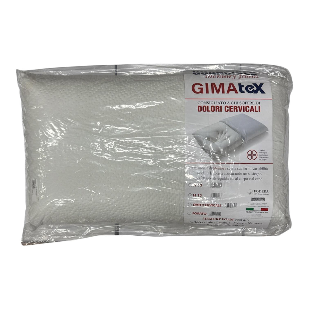 Guanciale Memory Foam GimaTex nella confezione originale con caratteristiche del prodotto