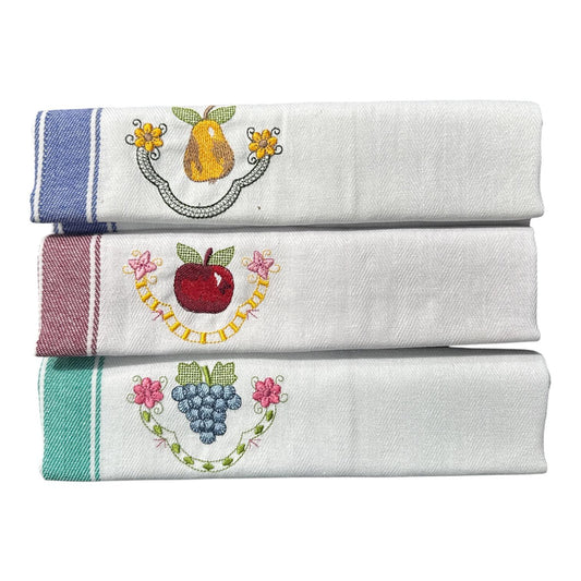 Set 3 strofinacci cucina Melangio in cotone spigato 50x70 cm con ricami di pera, mela e uva