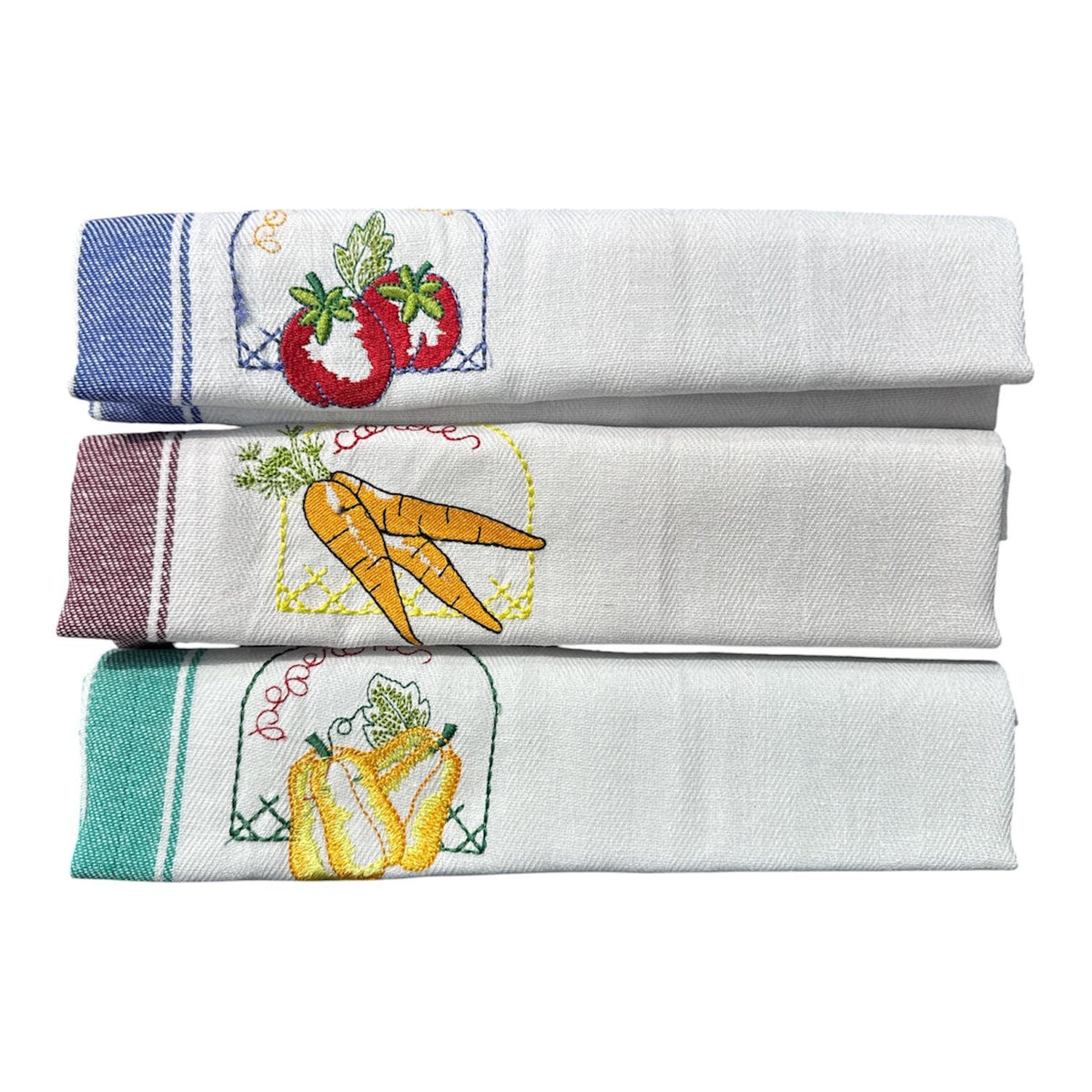 Strofinacci cucina Melangio 100% cotone spigato con ricami di pomodori, carote e peperoni