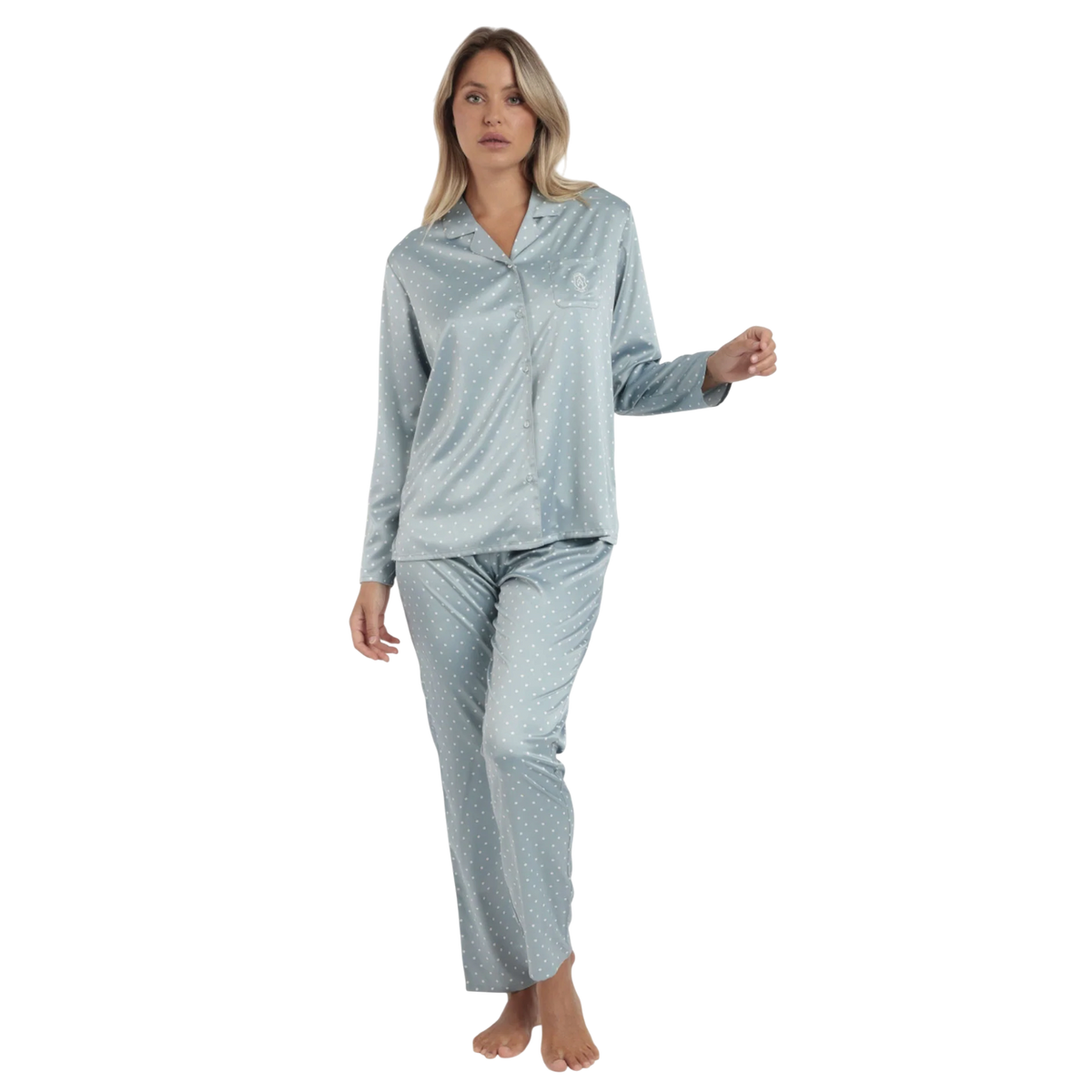 Pigiama donna Admas 62649 azzurro a pois con casacca aperta e pantaloni lunghi