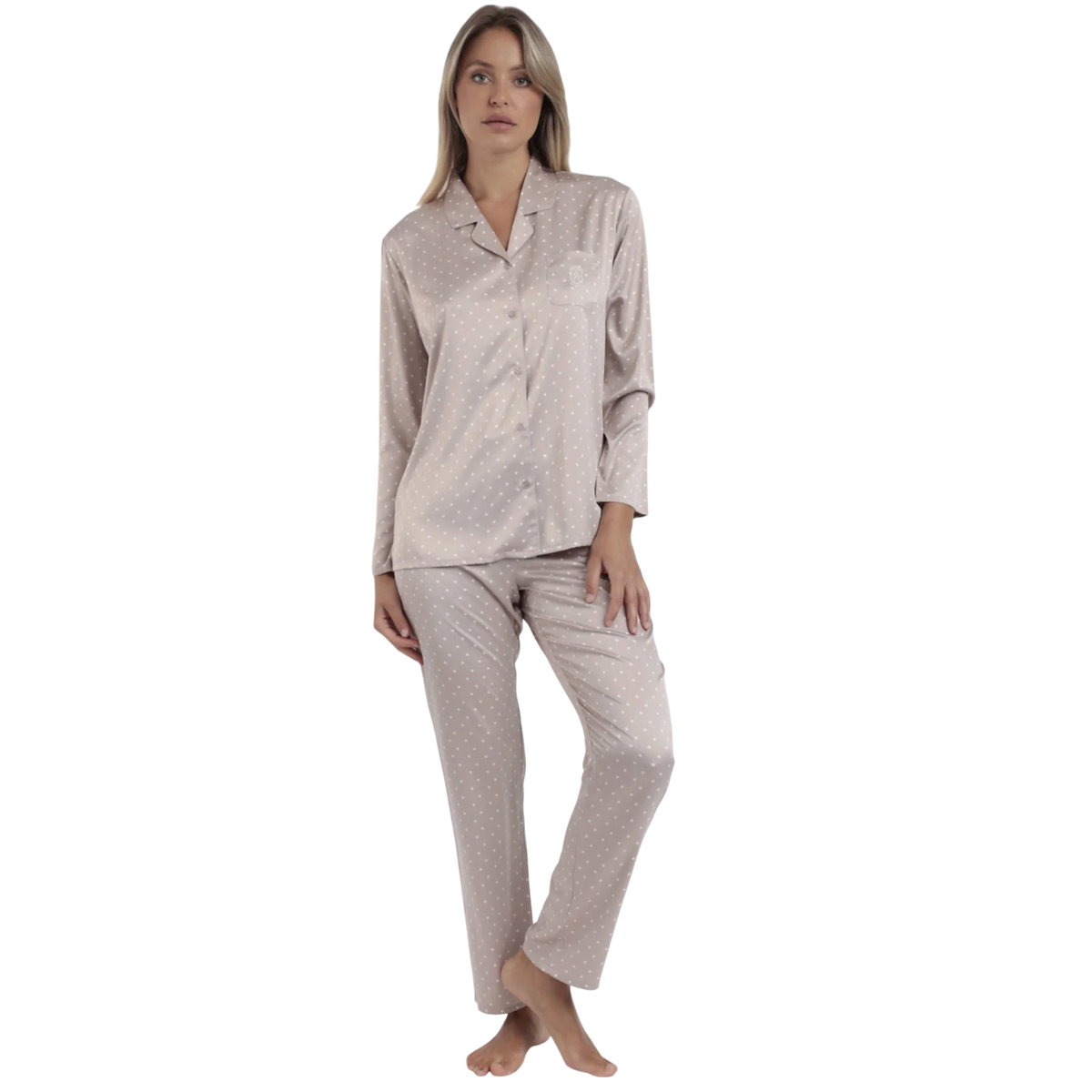 Pigiama donna Admas 62649 rosa a pois con casacca aperta e pantaloni lunghi