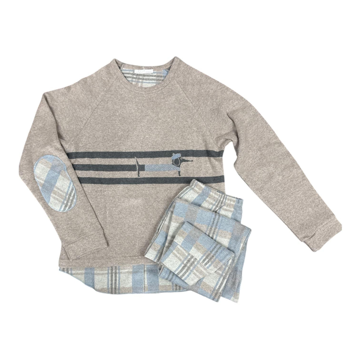 Pigiama donna I2645 Fida Lingerie in morbido Punto Milano, maglia grigia a righe con maniche lunghe e pantalone a quadri azzurri