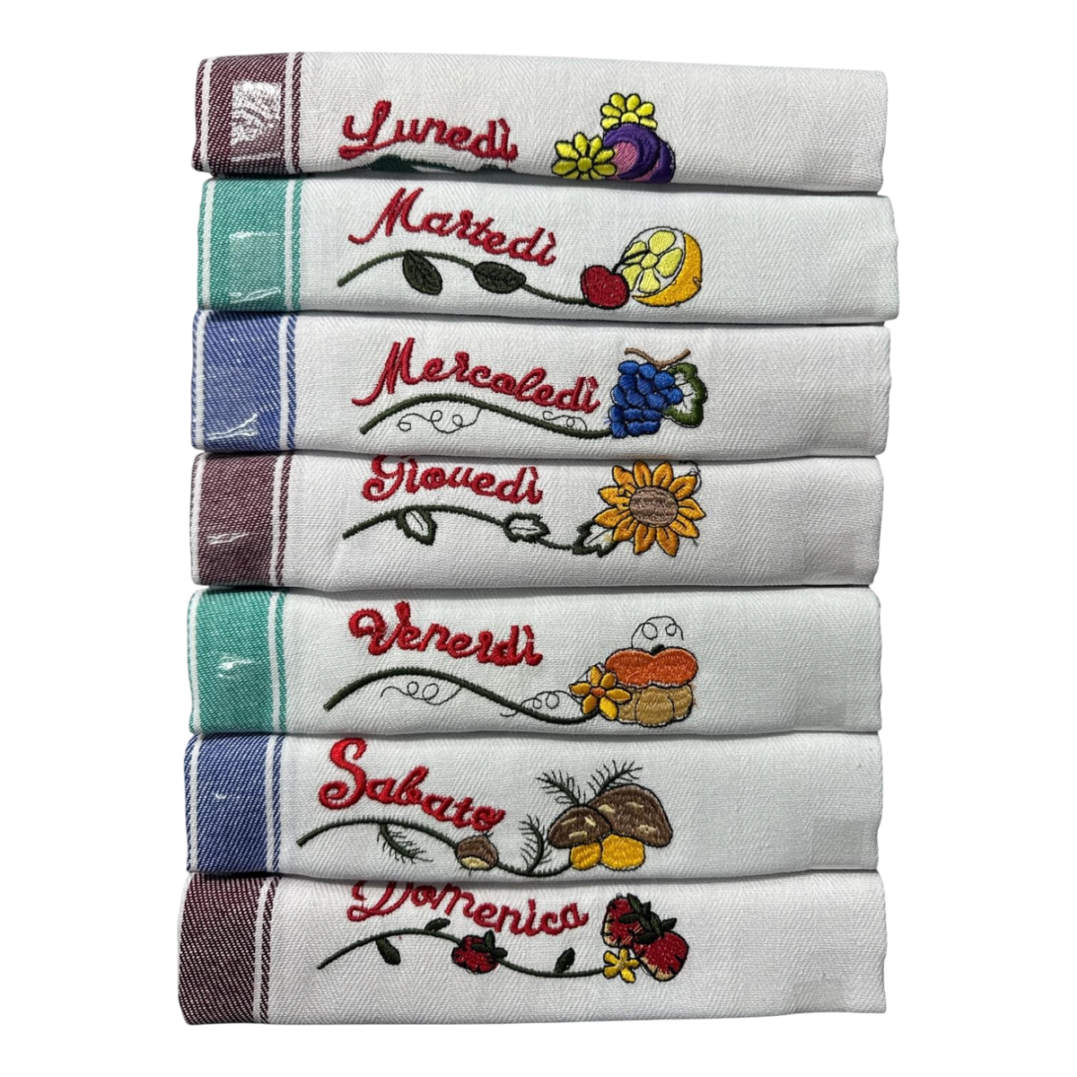Set 7 strofinacci Melangio con giorni della settimana ricamati e decorazioni colorate