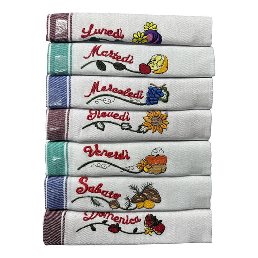 Set 7 strofinacci Melangio con giorni della settimana ricamati e decorazioni colorate