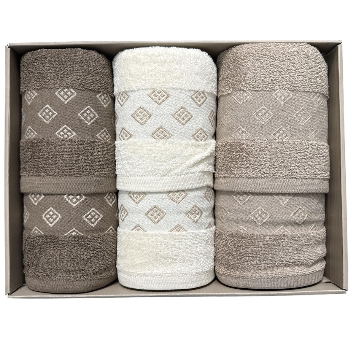 Completo bagno Diva Neith 3+3 in spugna con motivo a rombi nei colori fango avorio e visone