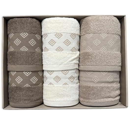 Completo bagno Diva Neith 3+3 in spugna con motivo a rombi nei colori fango avorio e visone