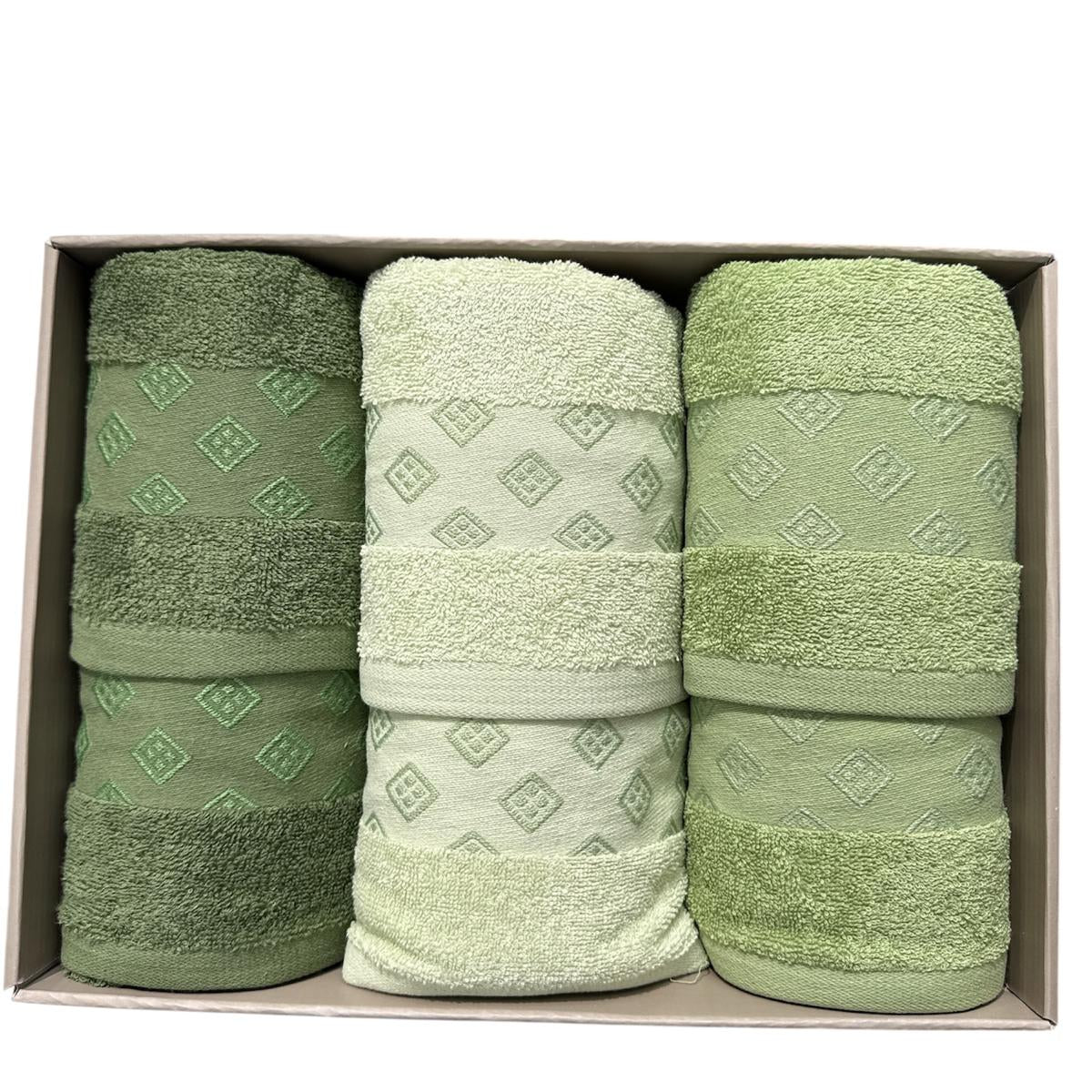 Set 3 asciugamani e 3 ospiti Diva Neith nei colori pino menta e salvia con balza jacquard