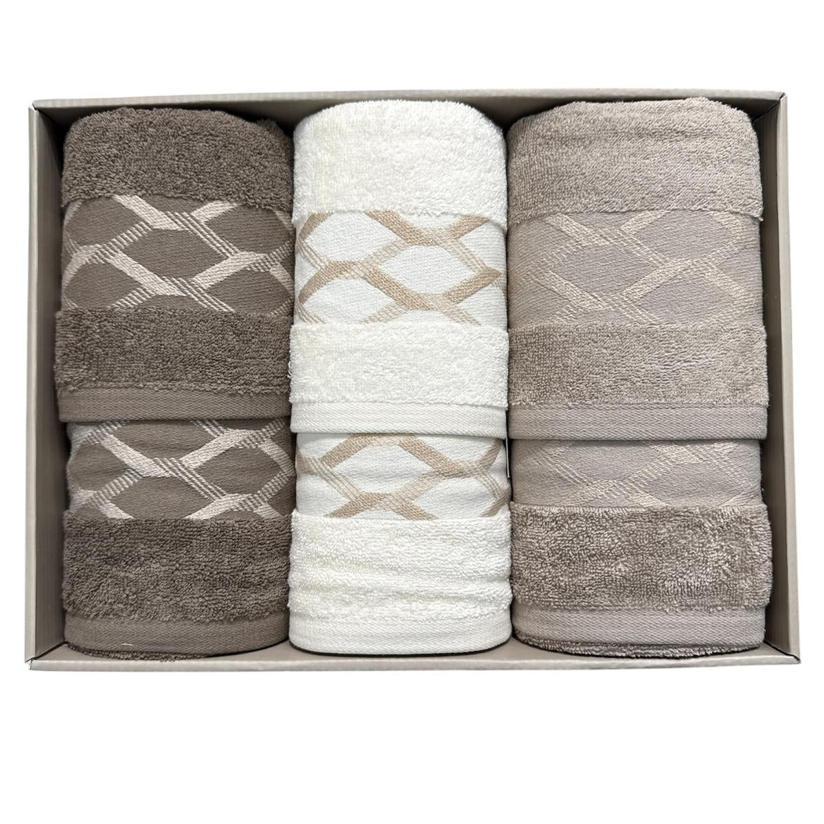 Set asciugamani Edra Neith con balza jacquard geometrica in tonalità fango avorio e visone