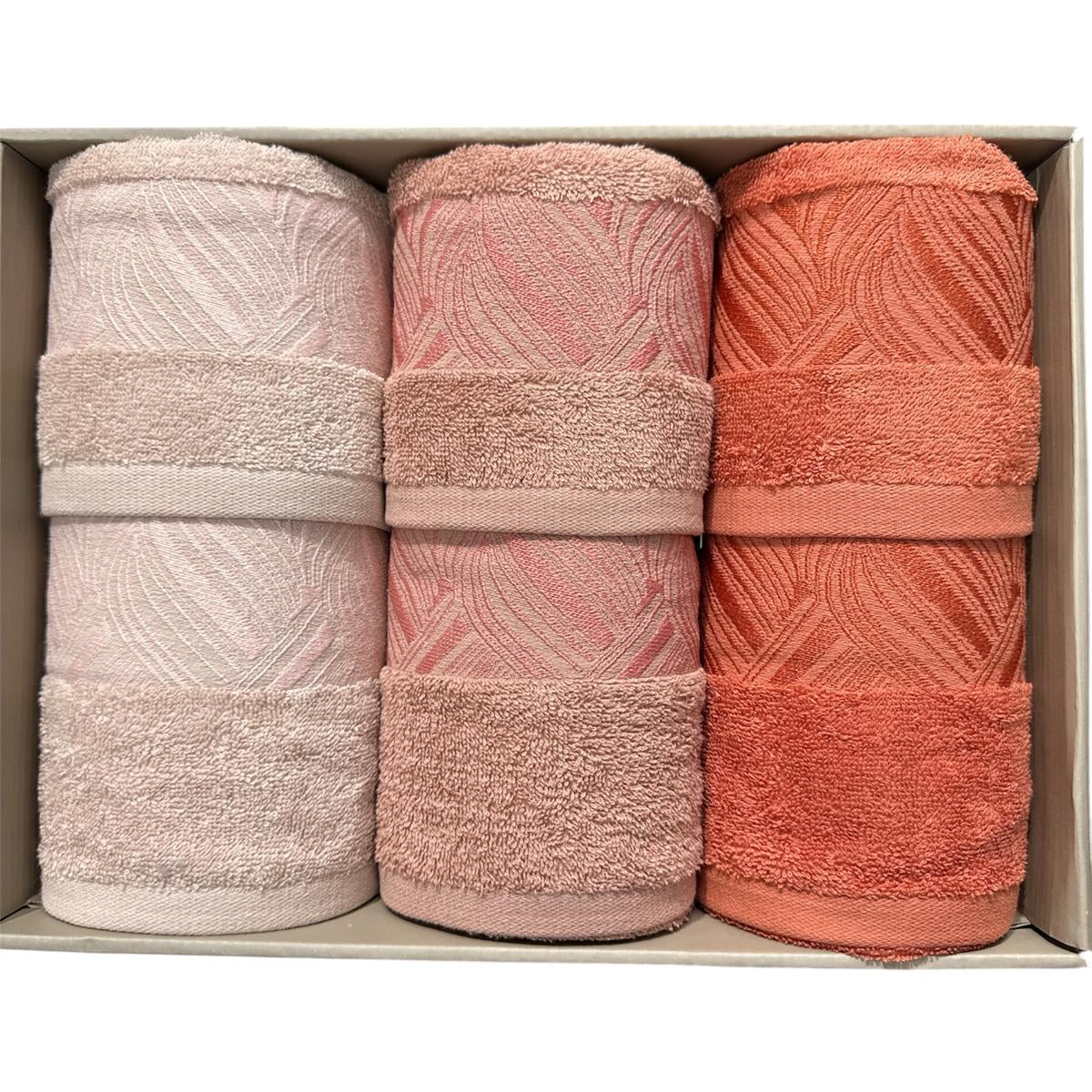 Completo asciugamani Ginevra 6 pezzi con balza jacquard nei colori rosa cipria e arancio