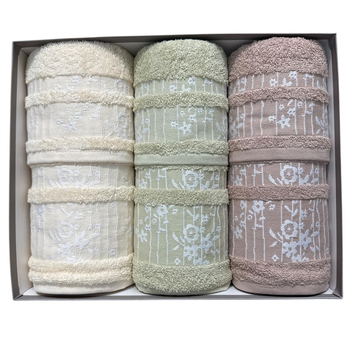 Set 3 asciugamani e 3 ospiti Ilaria Neith con balza jacquard floreale e motivo a righe verticali