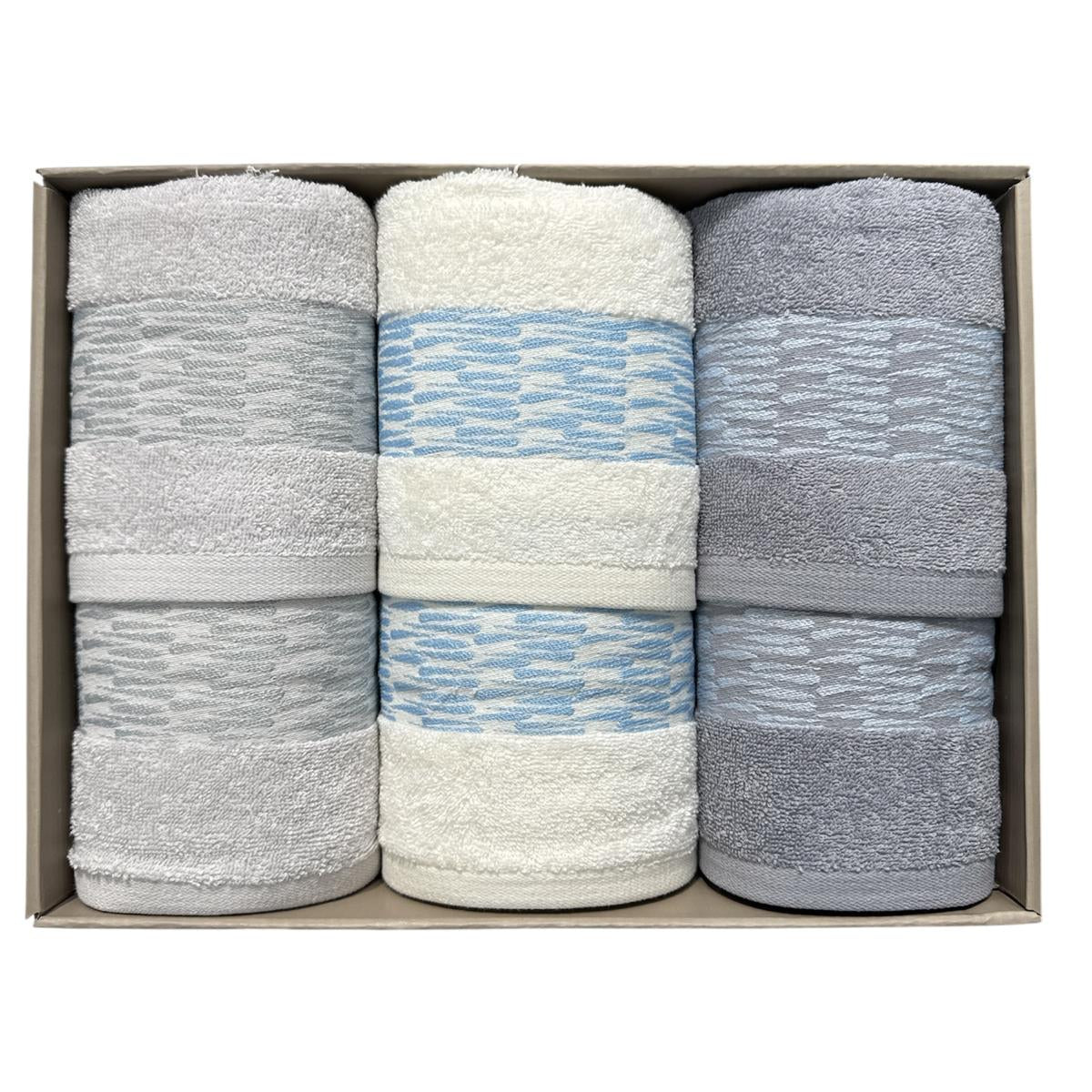 Set 3 asciugamani e 3 ospiti Tanit Neith nei colori Perla Latte e Grigio con balza jacquard geometrica