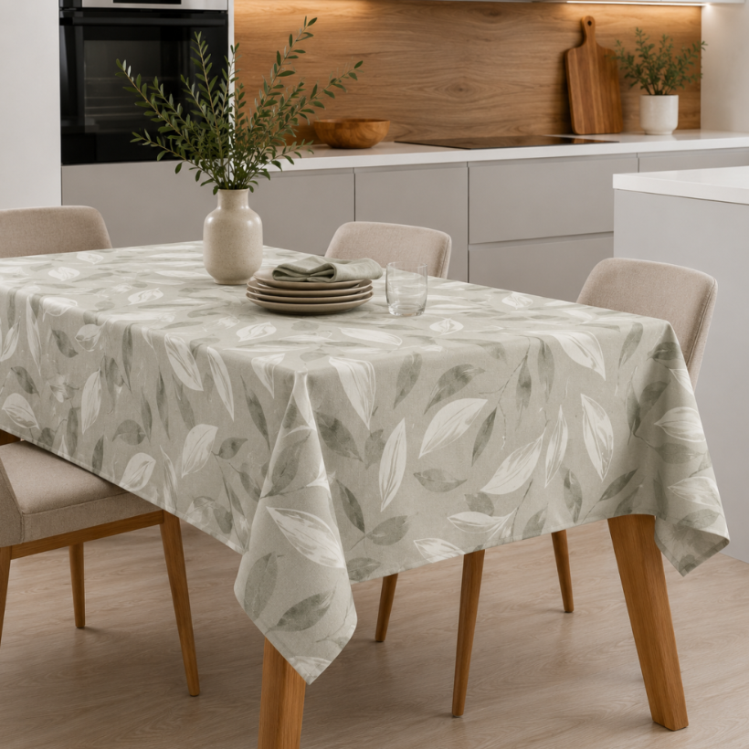 Tovaglia 12 posti Mirta Neith' in Panama 100% cotone 180x280 cm, con fantasia botanica a foglie su tavolo rettangolare