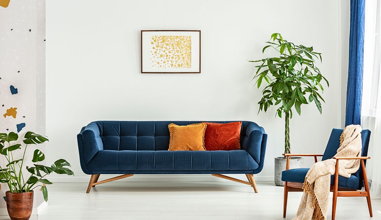 Immagine di un divano con cuscini in colori neutri.